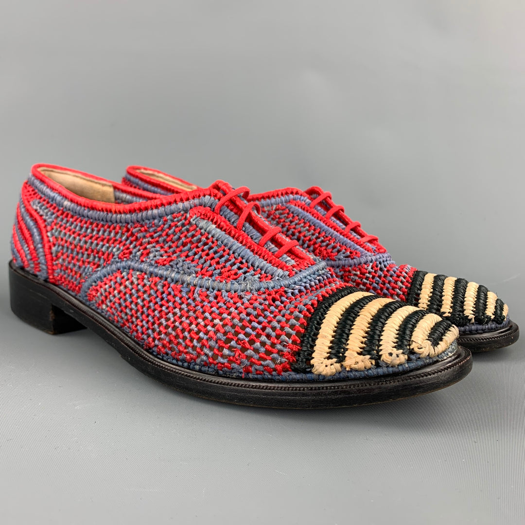 ROBERT CLERGERIE Size 7.5 Red & Blue Hand Woven Raffia Moccasins