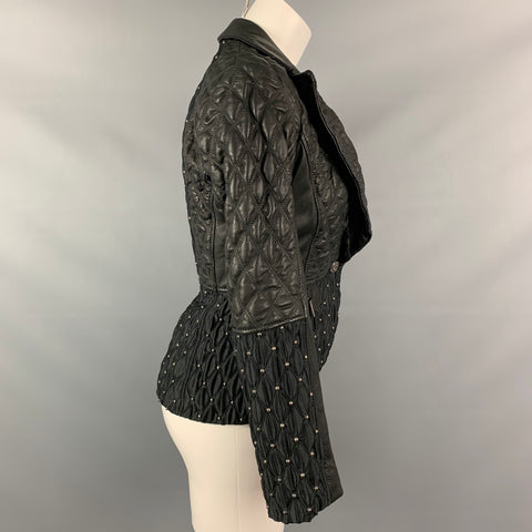 JUST CAVALLI Size 4 Black Studded Acetate / Viscose Quilted Notch Lapel Jacket