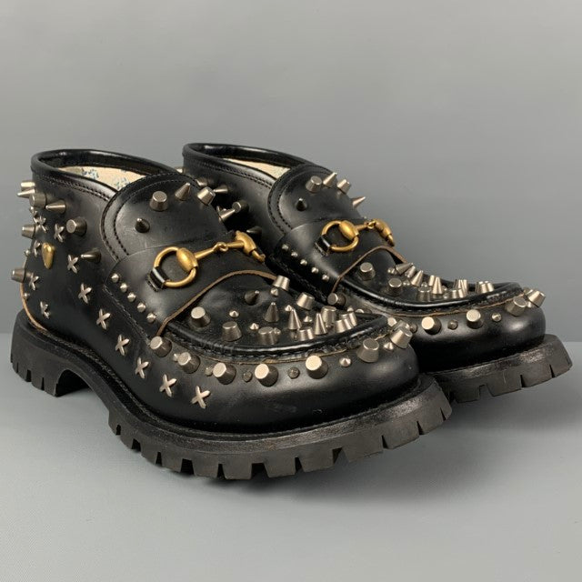 GUCCI Size 10 Black Studded Leather Slip On Boots