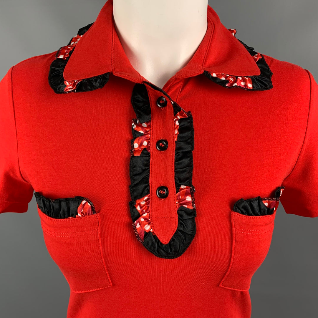 LOVE MOSCHINO Size 4 Red Black Cotton / Elastane Ruffled Pockets Buttoned Blouse