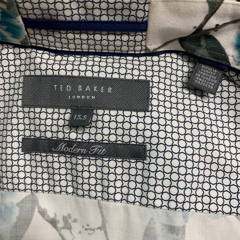 TED BAKER Size M White Blue Floral Cotton Long Sleeve Shirt