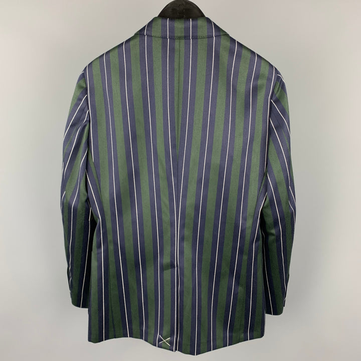 BURBERRY Taille 36 Costume à revers cranté en laine / coton à rayures verticales vert et bleu marine régulier