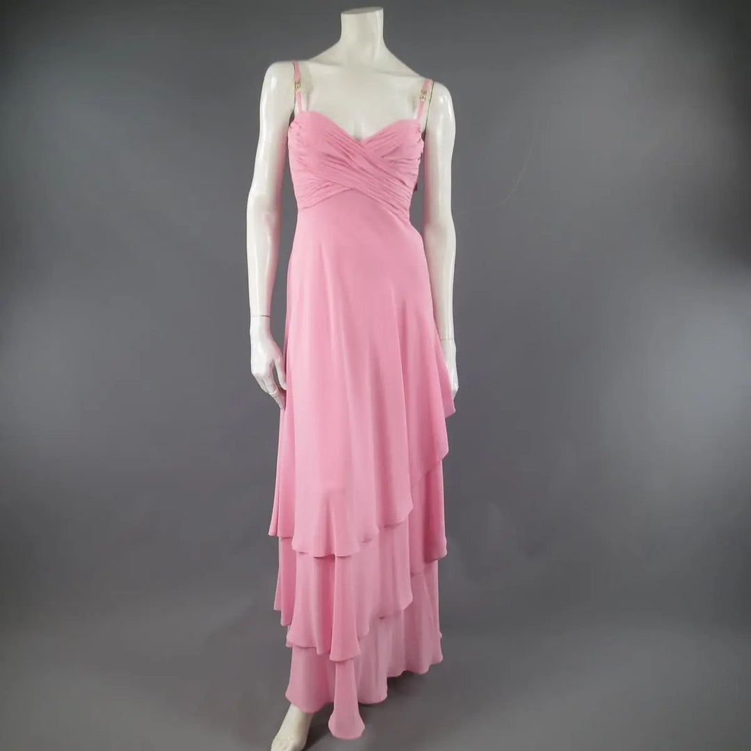 ESCADA COUTURE Size 8 Pink Silk Pleated Bust Gold Charm Strap Evening Gown ESCADA COUTURE Size 8 Pink Silk Pleated Bust Gold Charm Strap Evening Gown