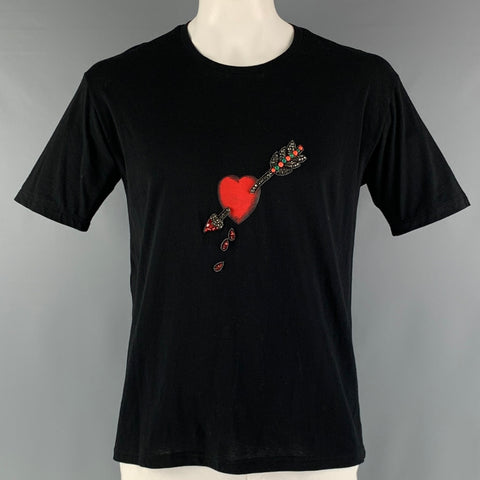 GUCCI Size S Black Red Embroidery Cotton Crew-Neck T-shirt