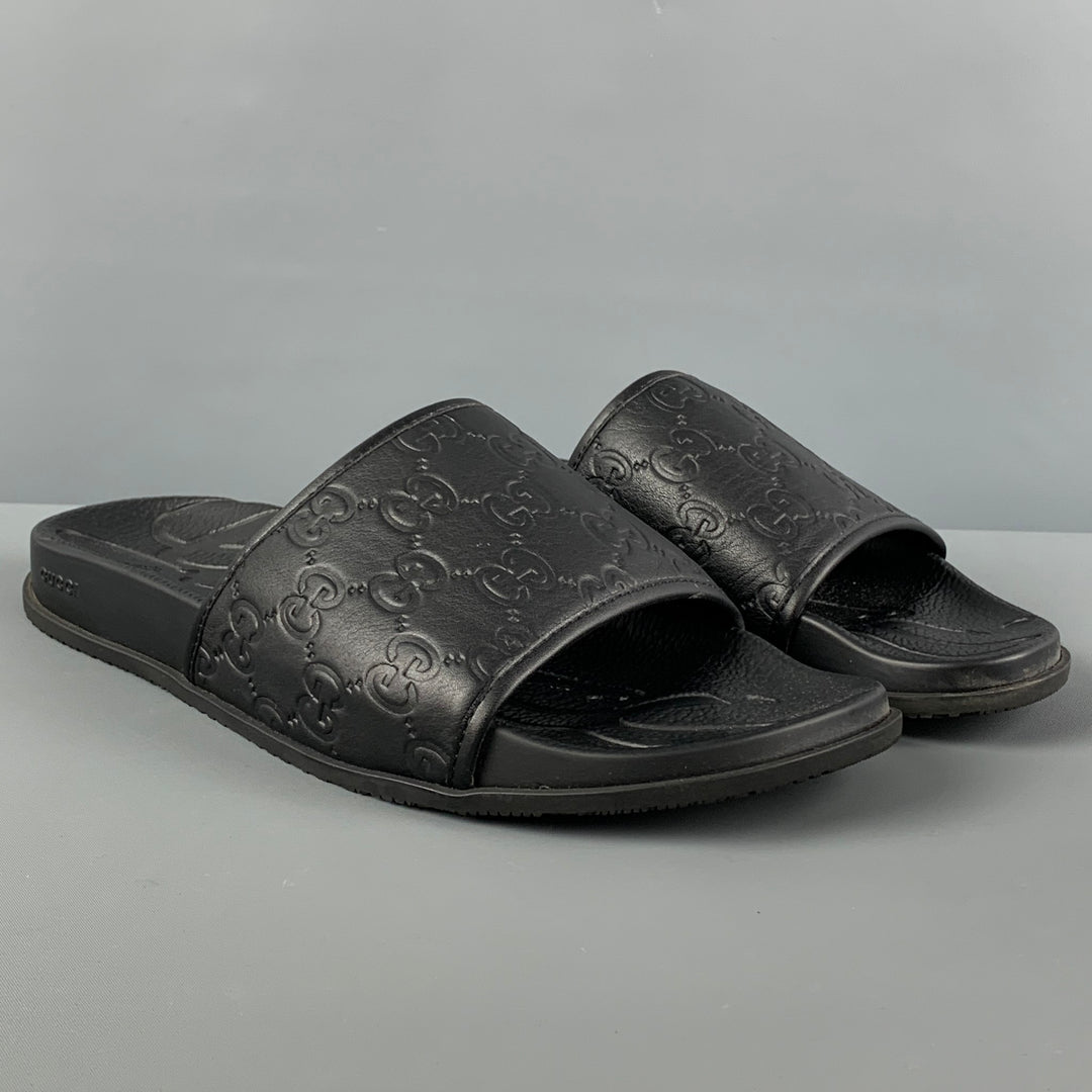 GUCCI Size 12 Black Monogram Leather Slide Sandals