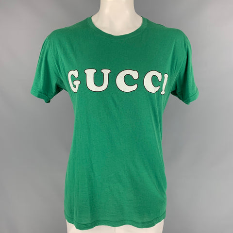 GUCCI Talla L Camiseta de algodón con cuello redondo y logo verde y blanco