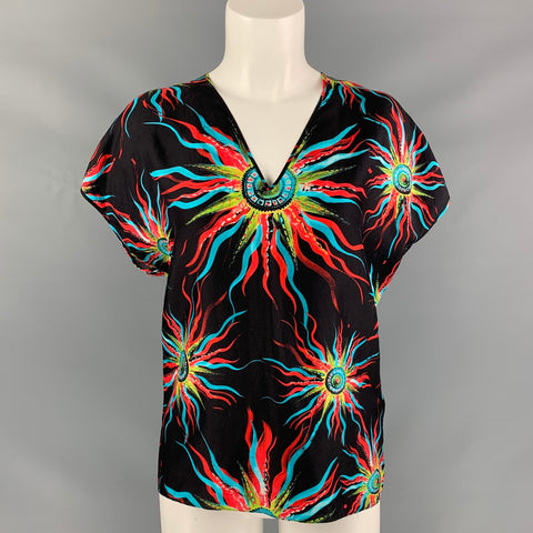 FAUSTO PUGLISI Size 4 Black Multicolour Silk Stars Blouse