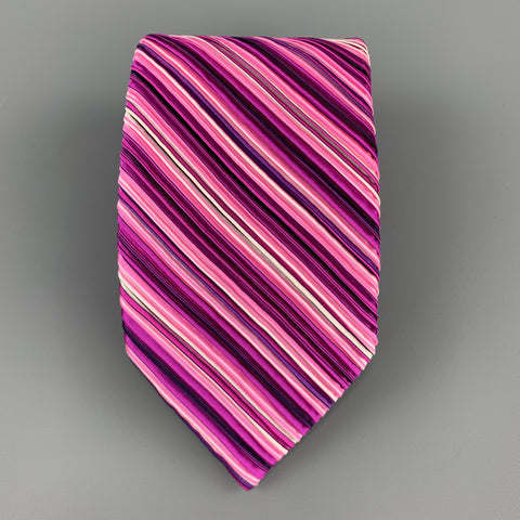VITALINO PANCALDI Pink & Purple Diagonal Striped Pleated Silk Tie