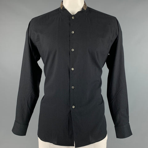 ETRO Taille L Chemise à manches longues sans col en laine à pois marron noir