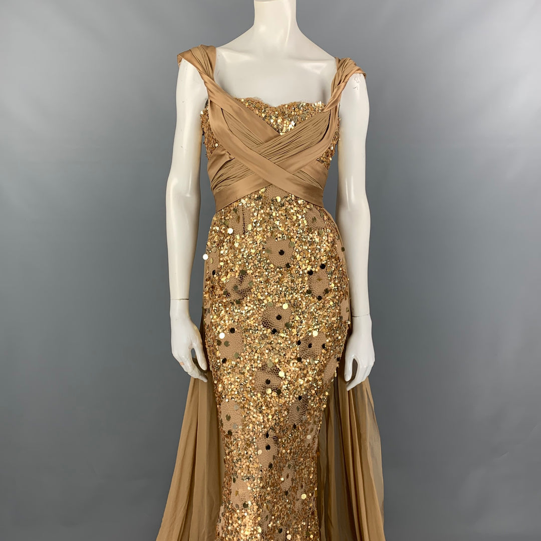 ZUHAIR MURAD Talla 4 Vestido de mezcla de seda con lentejuelas beige y dorado