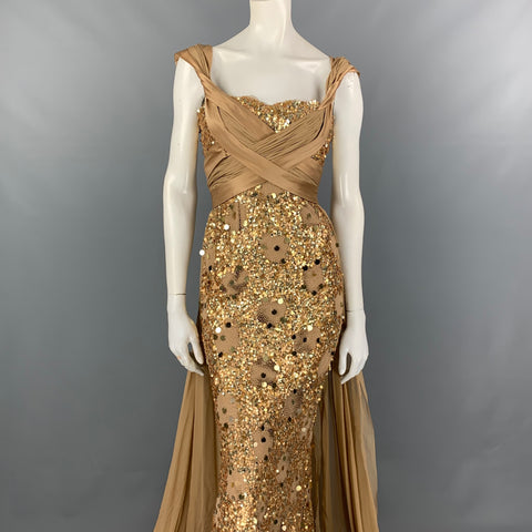 ZUHAIR MURAD Talla 4 Vestido de mezcla de seda con lentejuelas beige y dorado