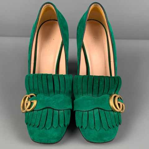 GUCCI GG Marmont 2.0 Size 7.5 Green Suede Fringe Chunky Heel Pumps