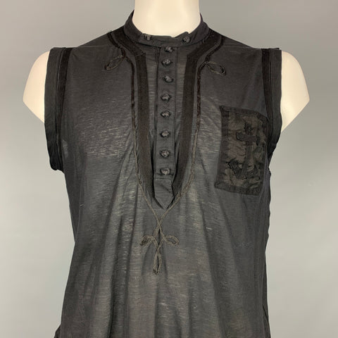 Vintage JEAN PAUL GAULTIER Size XL Black Applique Cotton Nehru Collar T-shirt