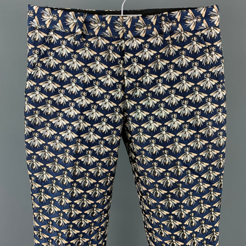 MR TURK Size 28 Navy & Silver Bee Print Polyester Blend Dress Pants