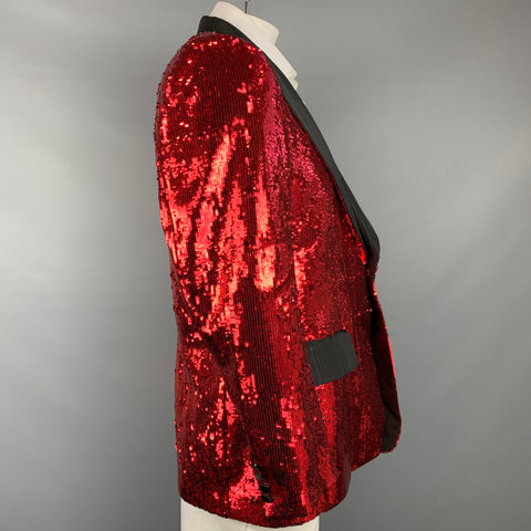 DOLCE & GABBANA Size 44 Regular Red & Black Sequined Peak Lapel Sport Coat