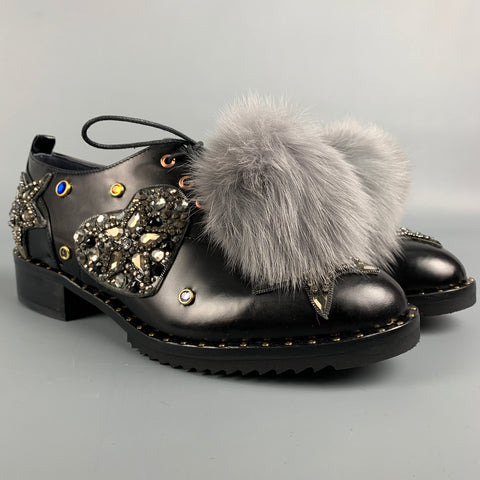 IVY KIRZHNER Size 7.5 Black & Silver Leather Rhinestones Pom Pom Barnum Laces