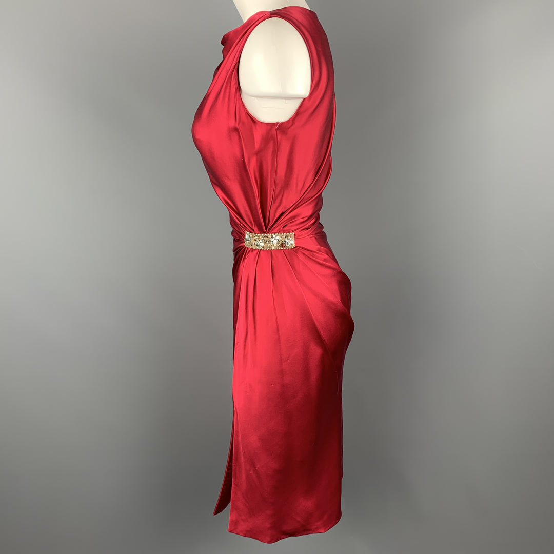 REEM ACRA Vestido de cóctel sin mangas de seda drapeado rojo frambuesa talla 4