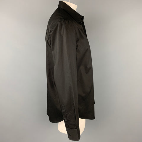 EMPORIO ARMANI Size XL Black Textured Cotton Button Up Long Sleeve Shirt