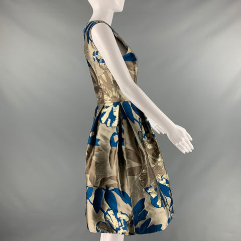 OSCAR DE LA RENTA Size 8 Taupe Blue Polyester Silk Print A-Line Cocktail Dress