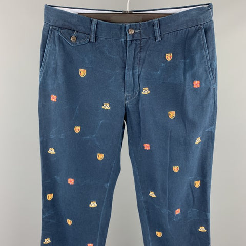 RALPH LAUREN Size 32 Navy Crests Embroidery Cotton Zip Fly Casual Pants