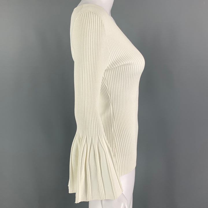 CAROLINA HERRERA Size M White Viscose Polyester Ribbed V-Neck Casual Top
