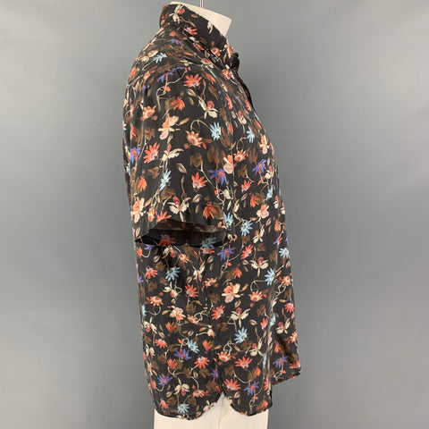TODD SNYDER Size L Black Multi-Color Floral Cotton Short Sleeve Shirt