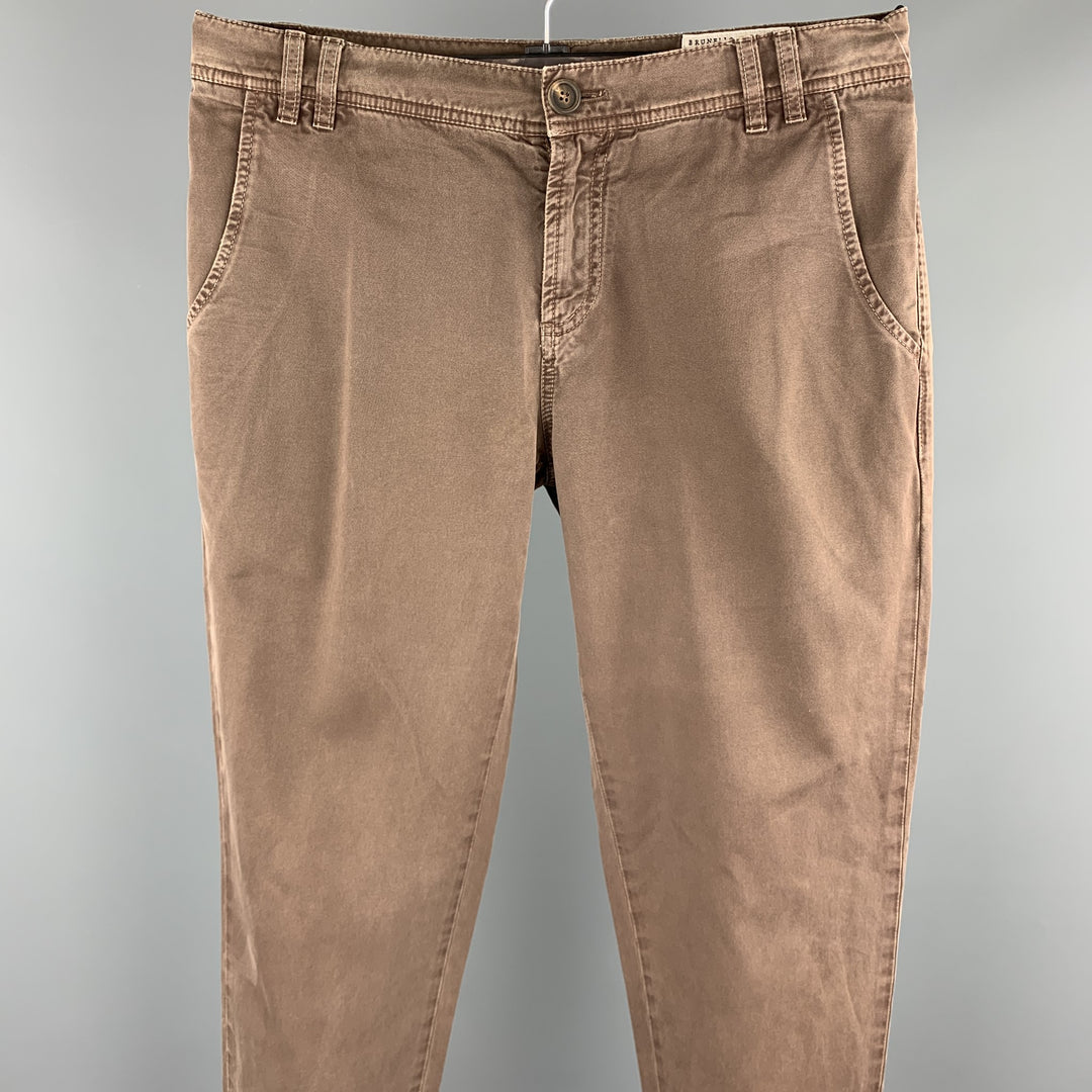 BRUNELLO CUCINELLI Size 34 Brown Wash Cotton Zip Fly Casual Pants