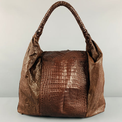 PARKER OCHS Brown Mixed Leathers Alligator Leather Hobo Handbag