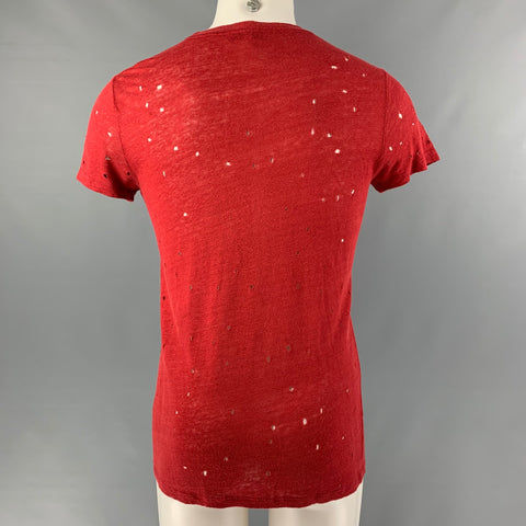 IRO Size XS Burgundy Distressed Linen Crew-Neck T-shirt