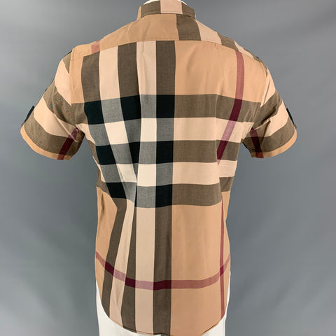 BURBERRY BRIT Size L Beige &  Black Plaid Cotton Button Down Short Sleeve Shirt