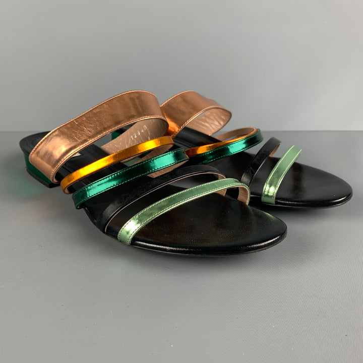 DRIES VAN NOTEN Size 8.5 Black, Gold &  Green Patent Leather Flat Sandals
