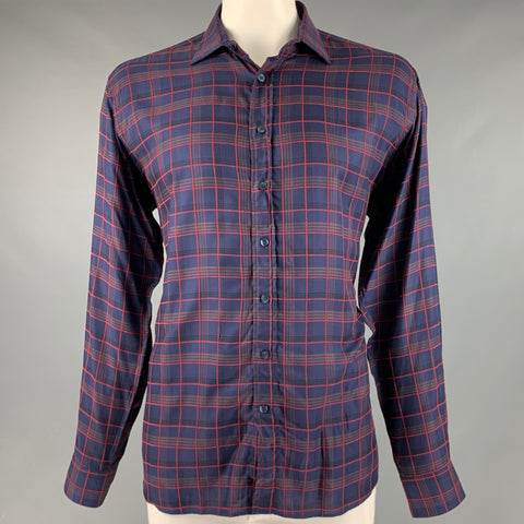 ETRO Taille XL Chemise à manches longues boutonnée en coton Lyocel à carreaux rouge marine
