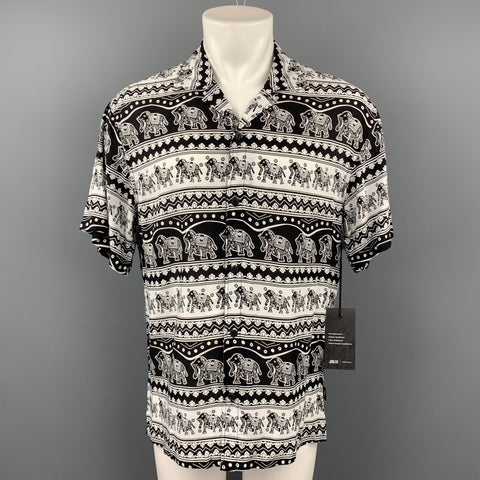 PUBLISH Size M Black & White Elephant Print Rayon Camp Short Sleeve Shirt