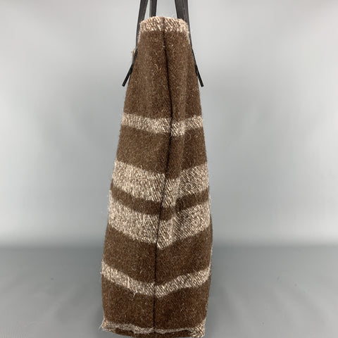 STEVE MONO Striped Textured Brown Wool Black Leather Straps Tote Bag