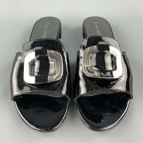 STUART WEITZMAN Talla 11 Zapatos planos con hebilla plateada de charol negro