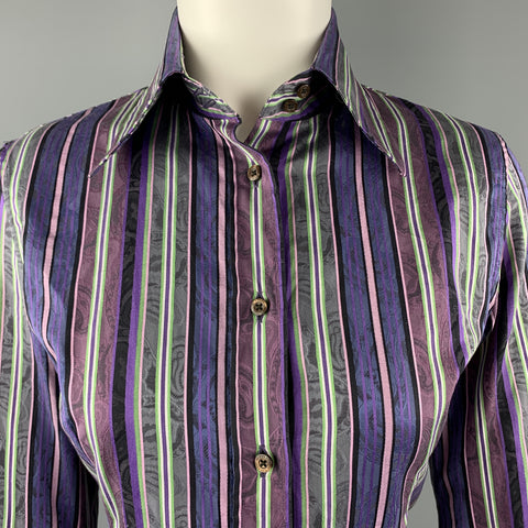 ETRO Size M Purple & Green Striped Cotton Blouse