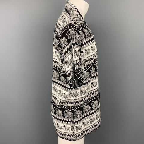 PUBLISH Size M Black & White Elephant Print Rayon Camp Short Sleeve Shirt