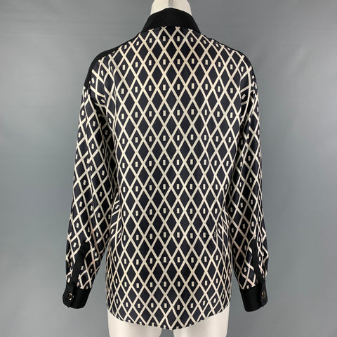 FAUSTO PUGLISI Size 6 Black & White Silk Geometric Snaps Blouse
