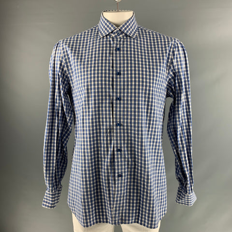 ISAIA Size XL Blue White Checkered Cotton Long Sleeve Shirt