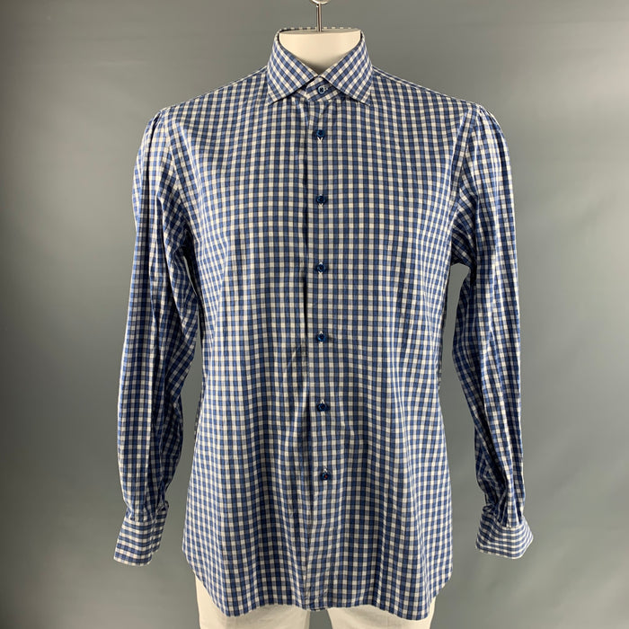 ISAIA Size XL Blue White Checkered Cotton Long Sleeve Shirt