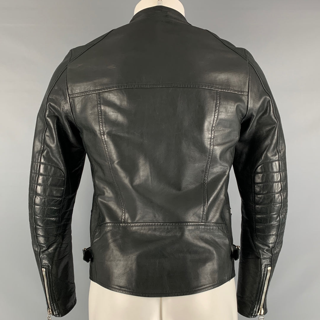 LANVIN Size 36 Black Solid Leather Biker Coat