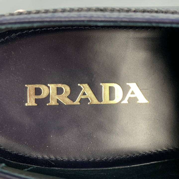 PRADA Size 12 Navy & White Perforated Leather Platform Lace Up Shoes