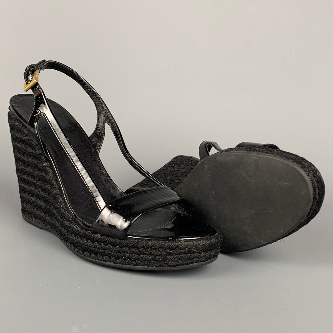 PRADA Size 6 Black Patent Leather Espadrille Wedge Sandals