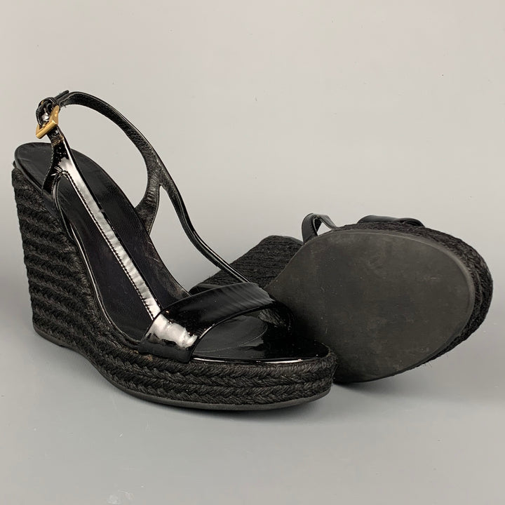 PRADA Size 6 Black Patent Leather Espadrille Wedge Sandals