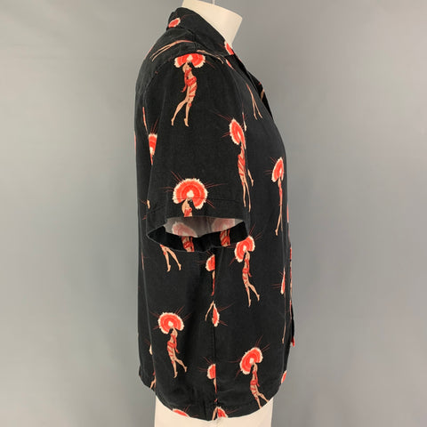 SATURDAYS NYC Size L Black Orange Erte Print Tencel Camp Short Sleeve Shirt