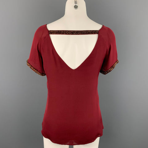 REBECCA MINKOFF Size 4 Burgundy Beaded Silk Blouse