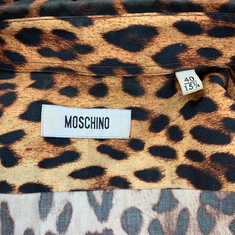 MOSCHINO Size M Tan & Black Leopard  Print Cotton Button Up Long Sleeve Shirt