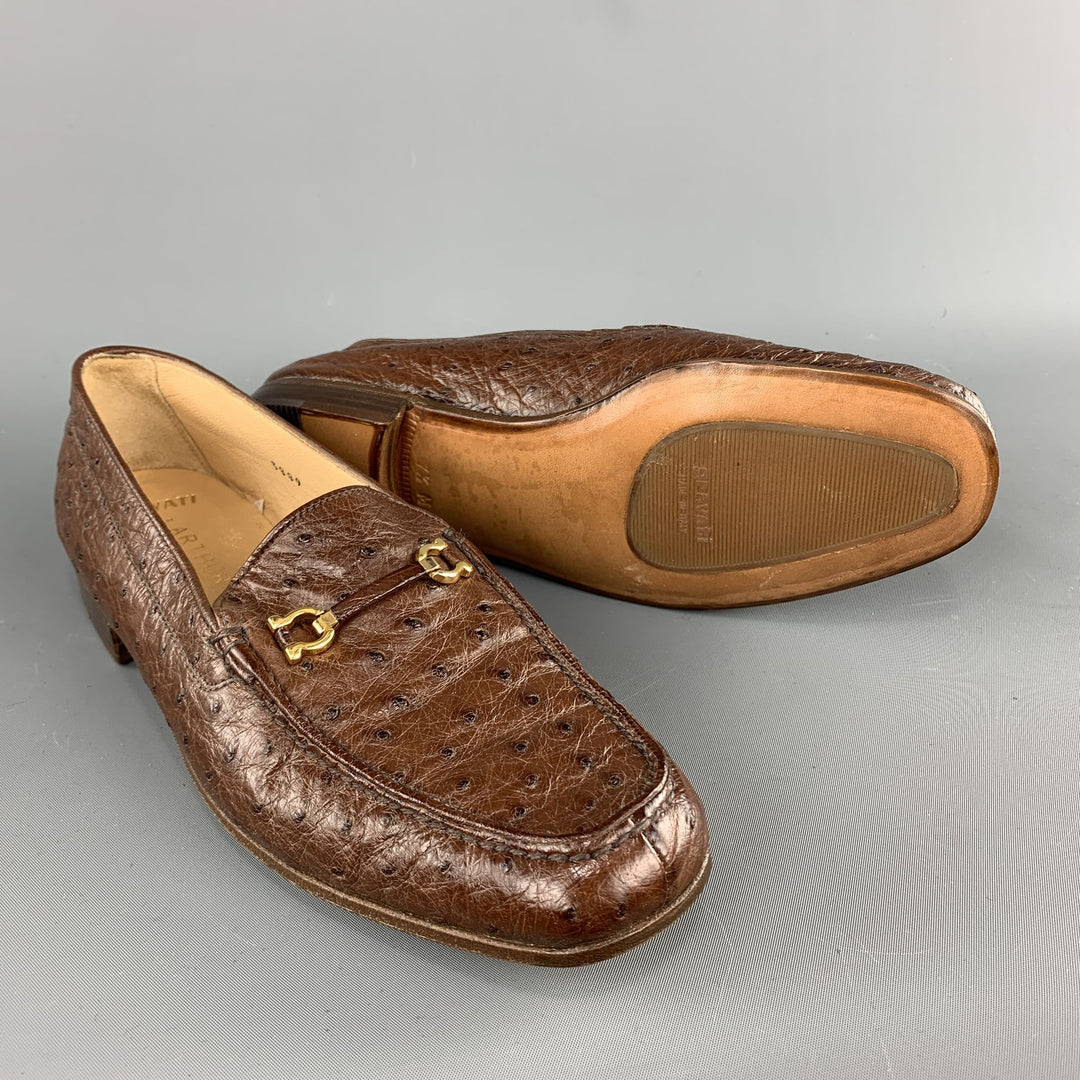 GRAVATI Size 7.5 Brown Ostrich Leather Horsebit Loafers