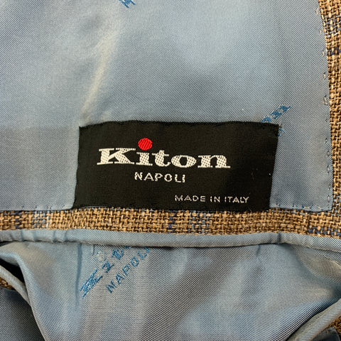 KITON Size 46 Tan Light Blue Plaid Cashmere Blend Sport Coat