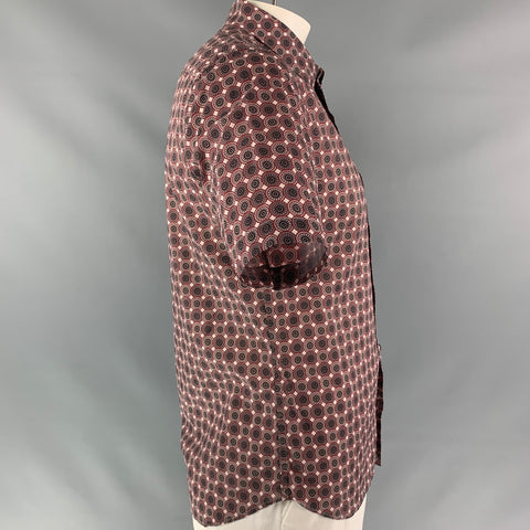 PRADA Size L Red & Light Pink Geometric  Button Down Short Sleeve Shirt